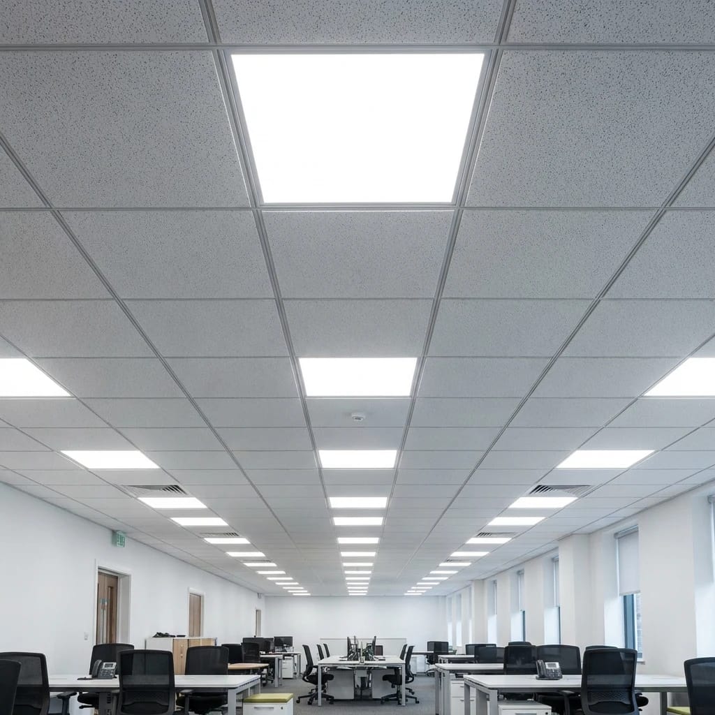 Установка светильника Армстронг — LED-панели в подвесном потолке офиса